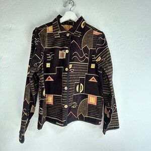 Vintage Women's Woven Geometric Pattern Button-Front Reversible Jacket Brown